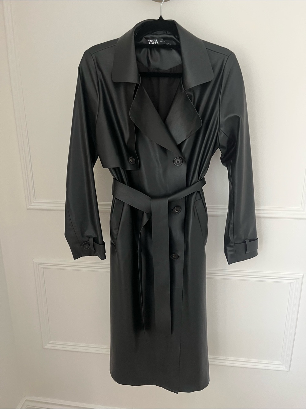Zara Black Faux Leather Trench with Tie Belt